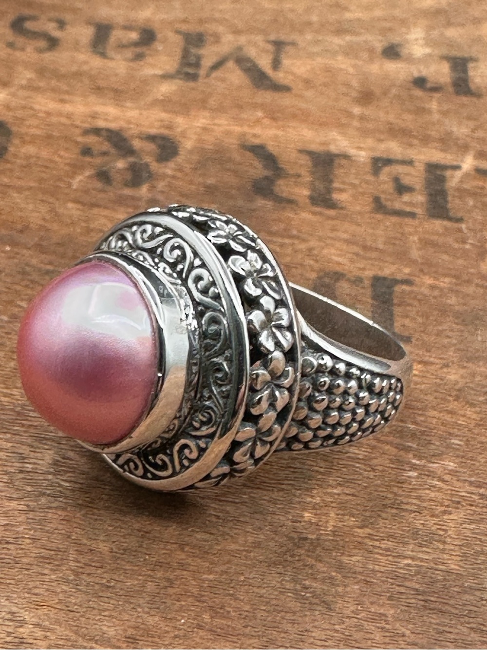 Bali Pink Pearl Cocktail Ring Size 7 Frangipani Flower Oxidized Solid Silver